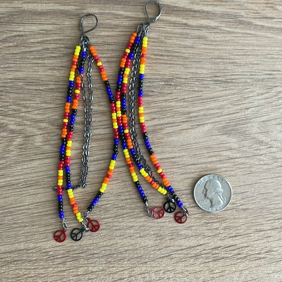 HAND CRAFTED SHOULDER DUSTER EARRINGS Black Blue Red Orange Yellow Peace Signs - Picture 4 of 14